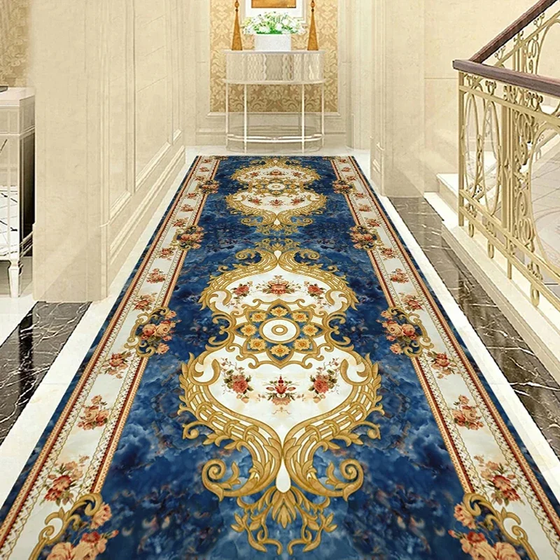 Custom Self Adhesive Floor Sticker 3D European Style Blue Carpet Pattern Mural Hallway Aisle Living Room Bedroom Floor Wallpaper