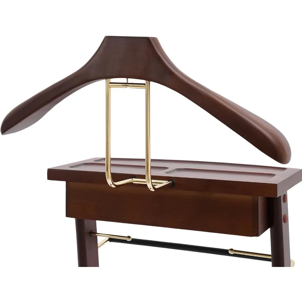 clothes valet stand, wood valet stand suit rack stand with drawer for men/women, contour hanger, trouser bar, belt hooks shoe ra