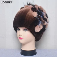 2025 Natural Rex Rabbit Fur Flowers Hat Women Winter Warm Handmade Knit Real Rex Rabbit Fur Caps Lady With Fox Fur Beanies Hats 1