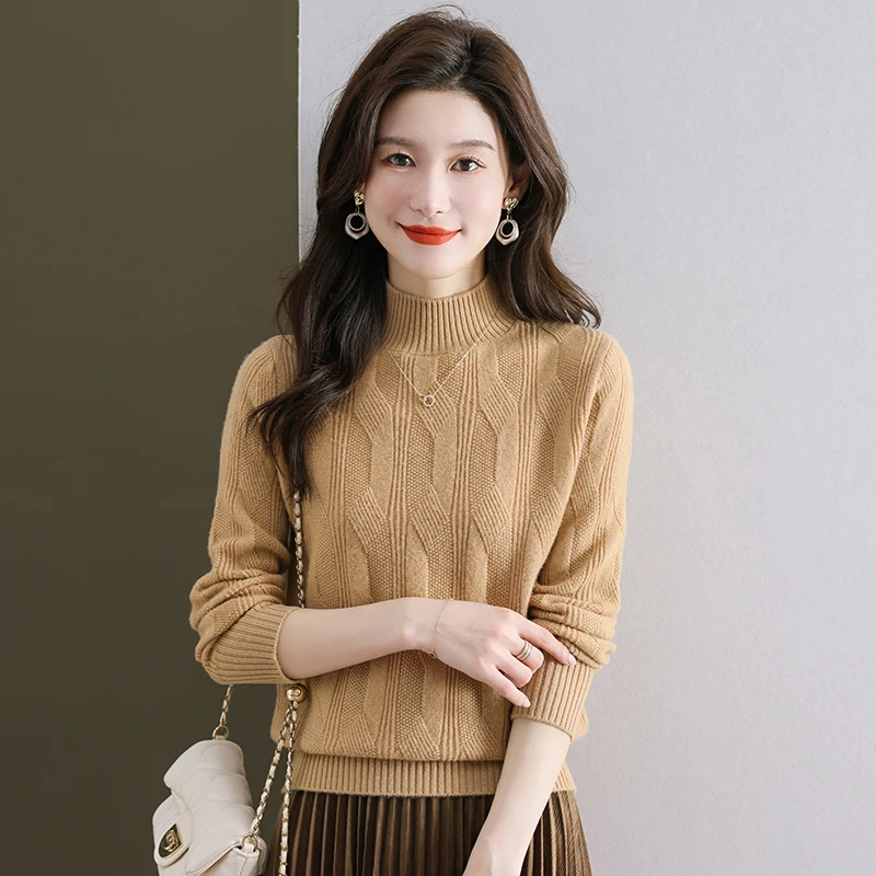 

Women Sculptured Knitwear Crew Neck Textured Knit Top Red Yellow Khaki White Black Cashmere Pullover Sweaters Elegant Jersey New