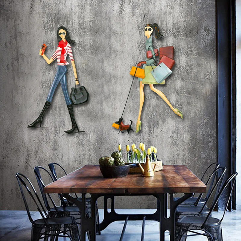 Arte de pared de Metal de chica de moda europea elegante y contemporáneo, decoración colgante de Hotel para el hogar y adorno artesanal