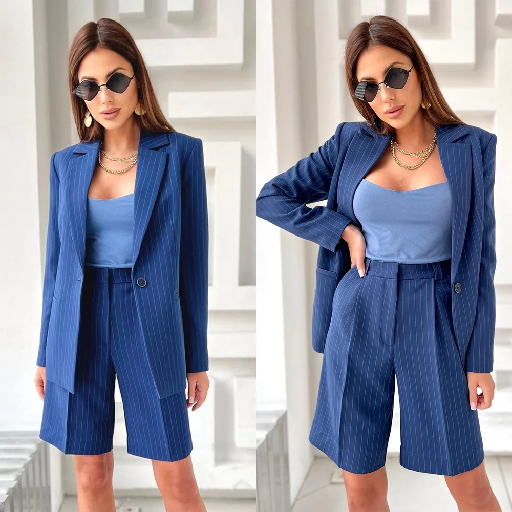 

Blue Pinstripe Women Suits 2 Pieces One Button Tailored Polyester Fashion Sexy Slim Fit Real Image Coat Short Pants Causal Prom