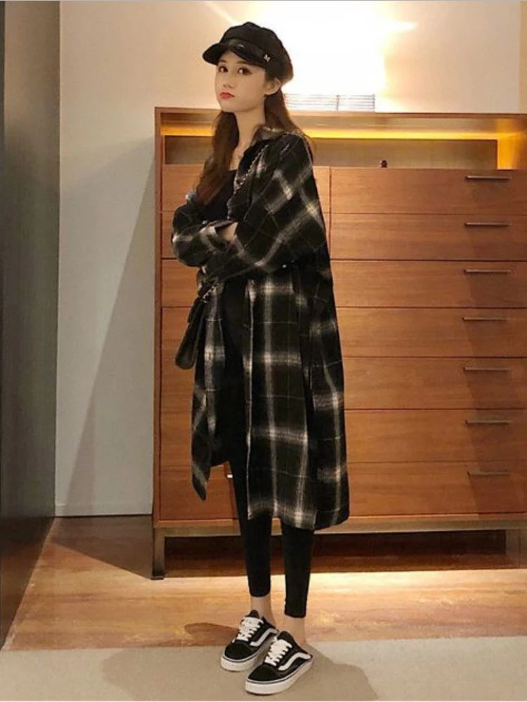 

Spring Mid Length Loose Plaid Blouse Long Sleeve Polo Neck Plus Size All-match Shirt Tops Vintage Casual Fashion Women Clothes