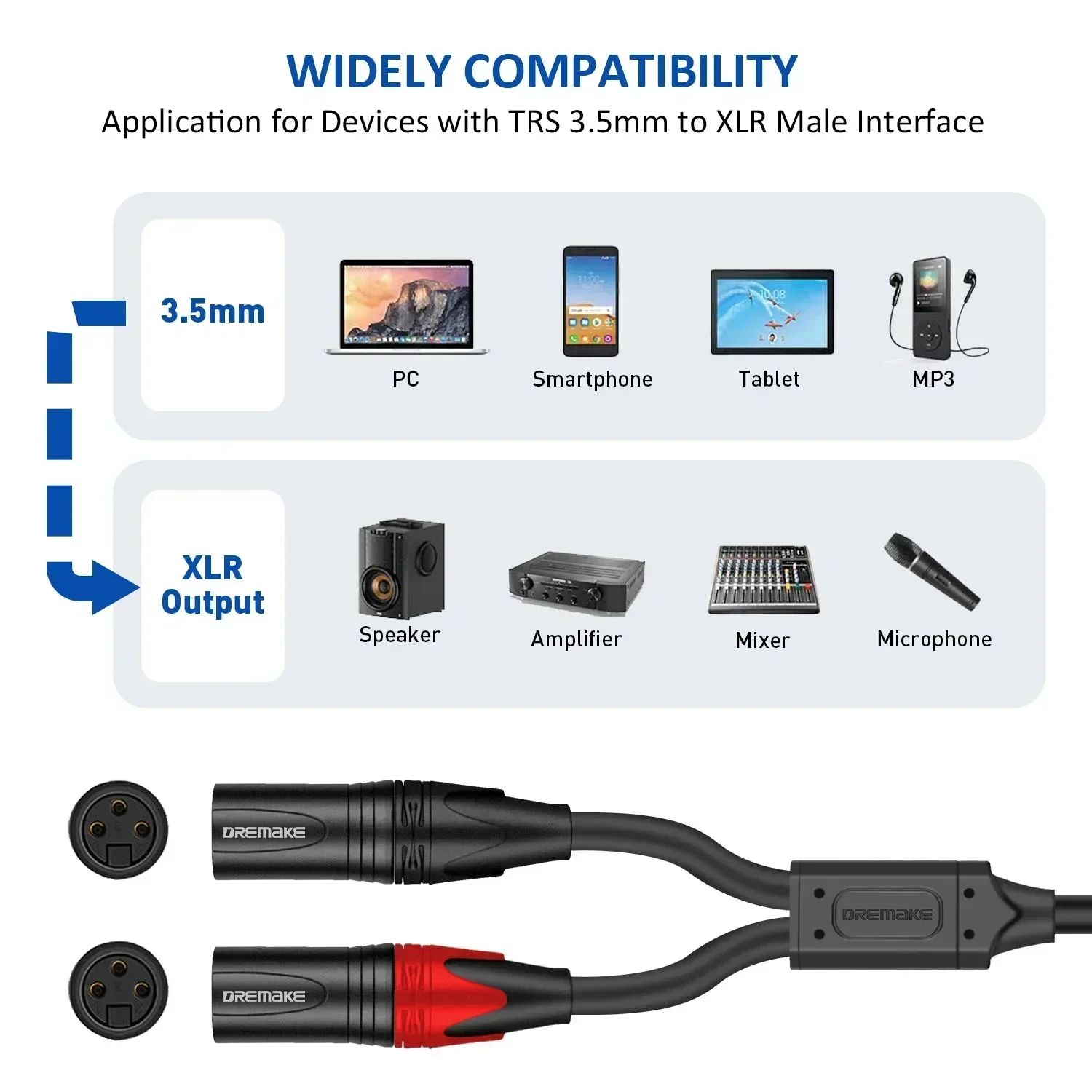 DREMAKE  3.5mm TRS ׷- XLR  ġ ڵ, 3.5mm 1/8 ġ- XLR   극ũ ƿ Y ø ̺