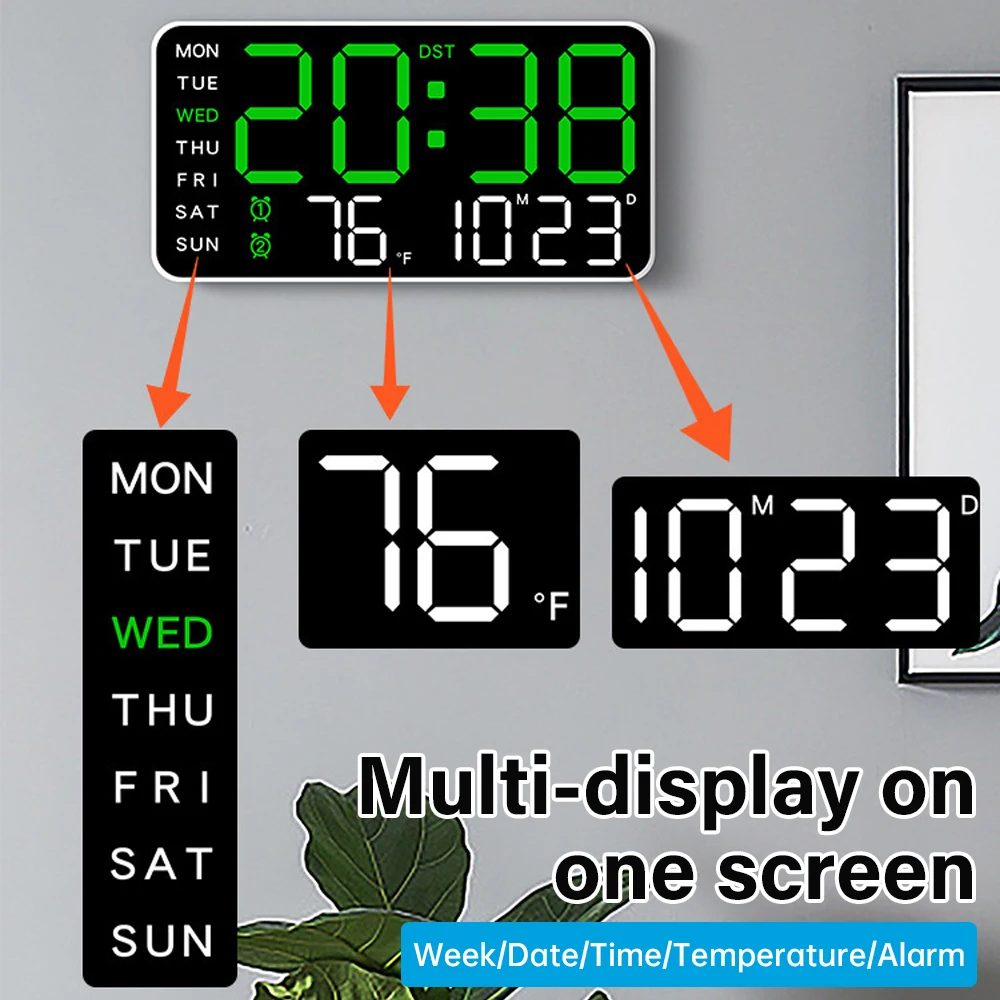 Large Digital Wall Clock Temperature Date Week Display 12/24H LED Alarm Clock Brightness Adjustment for Bedroom