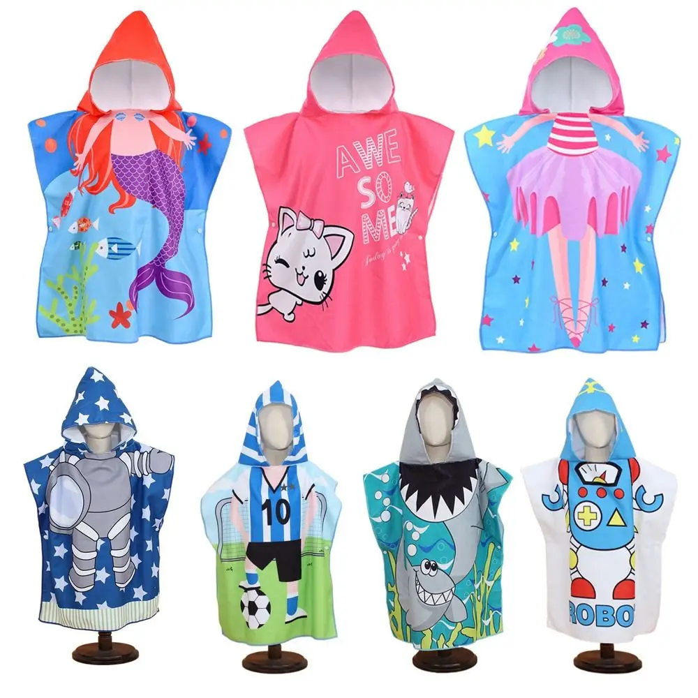 Kids Beach Towel Hooded Cloak Poncho Bathrobe Swim Washcloth Beach Shark Pattern Quick Dry for Summer Swim Towel