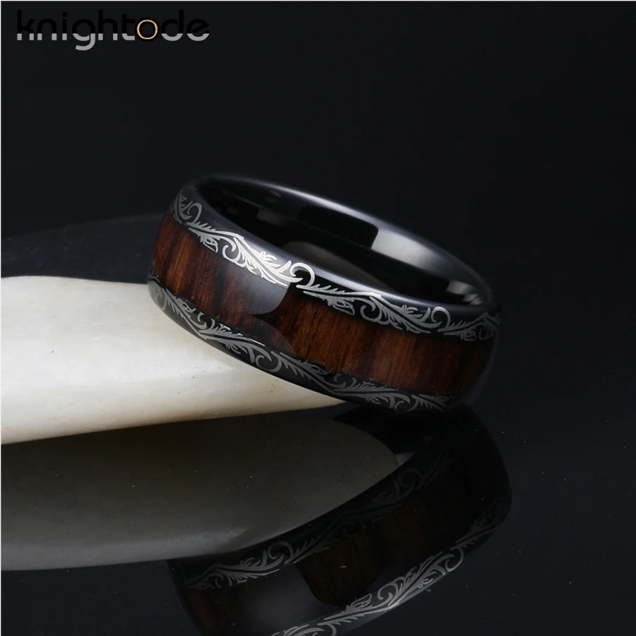 8mm Leaf Veins Black Tungsten Carbide Ring Dark Red Wood Inlay For Men Women Wedding Band Dome Polished Comfort Fit