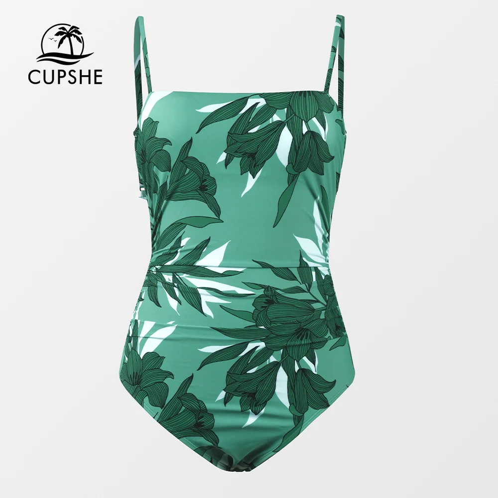 CUPSHE Leaf Print Square Neck Shirred One-Piece Swimsuit For Women Sexy Backless Monokini Swimwear 2023 Bathing Suit Beachwear