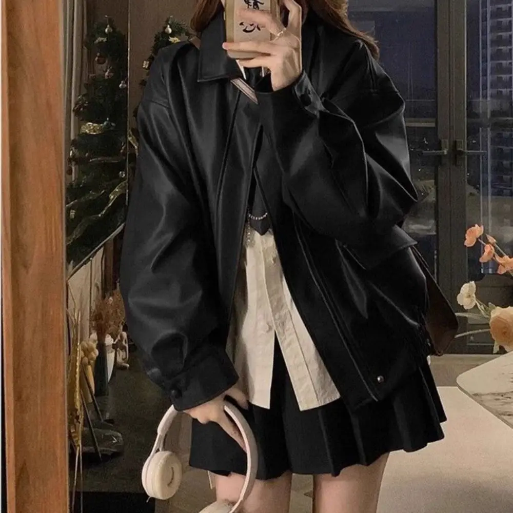 Fashion Pleated Leather Jacket Women Lapel Collar Outerwear Zipper Overcoat Retro Korean Chic Windbreaker Jackets Y2k Women