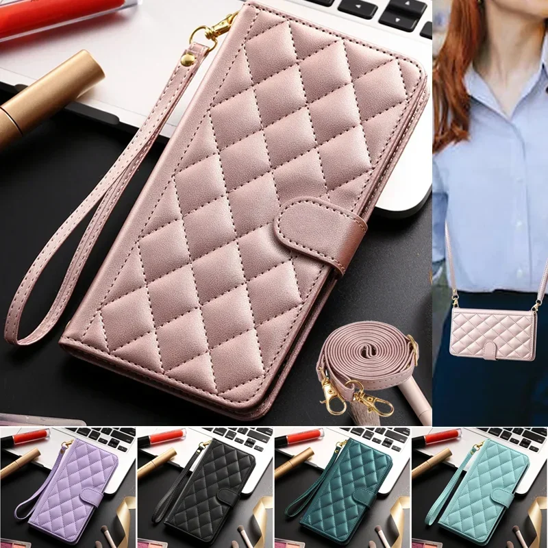 Leather Wallet Phone Case with Long Lanyard - Card Holder Cover
