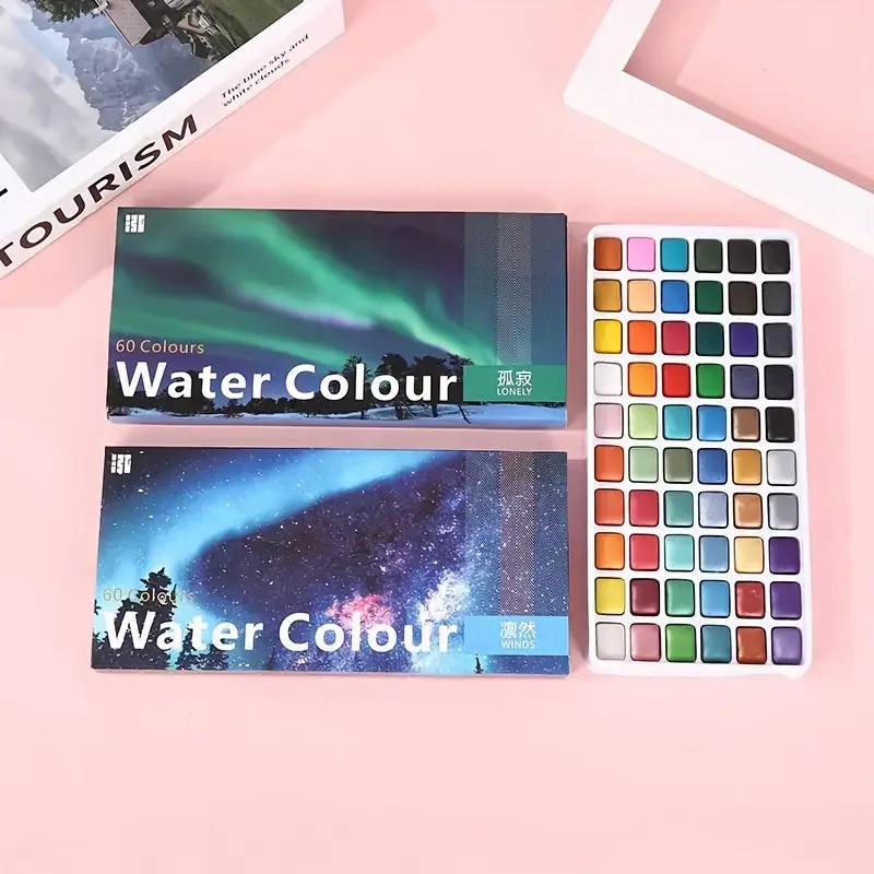 60-Color Washable Gel Formula Pearlescent Watercolor Paint Set-Solid Pigments, Student Art Supplies, Frame Container