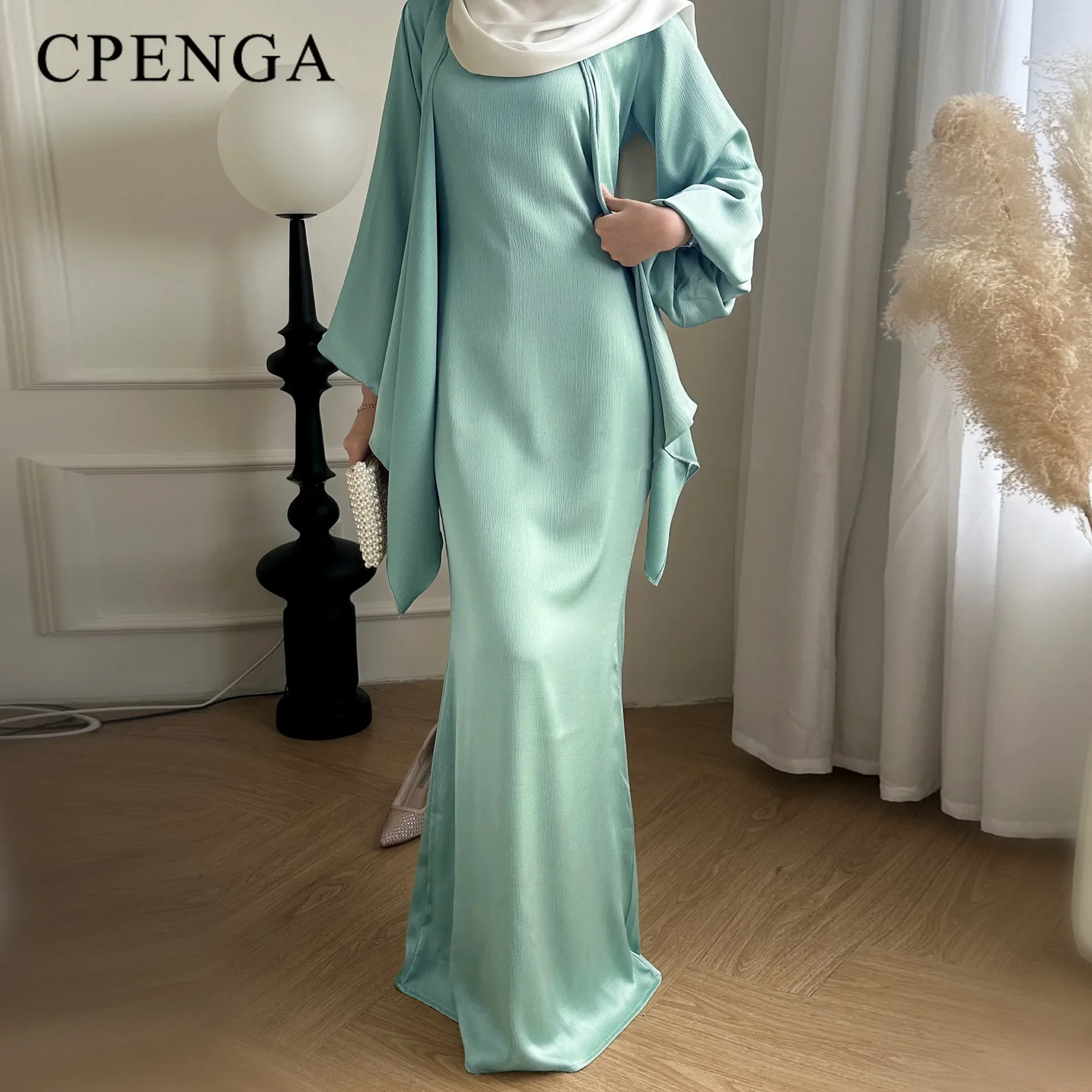 2 Delige Saudi Arabië Moslim Vrouwen Satijnen Abaya Jurk Voor Vrouwen Islam Dubai Vakantie Bescheiden Kleding 2024 Elegante Turkse Gewaad