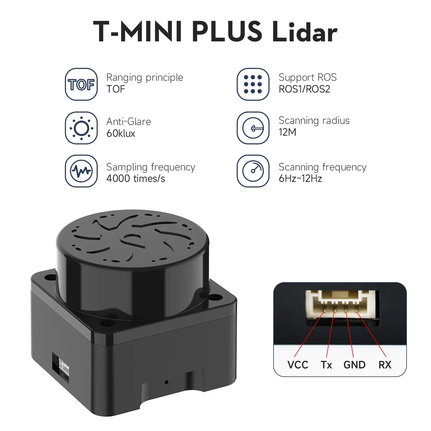 EAI YDLIDAR T-mini Plus Lidar Sensor Kit TOF ROS Robot SLAM Navigation 360° 12m Distance Scanner Module Support ROS1 and ROS2 3