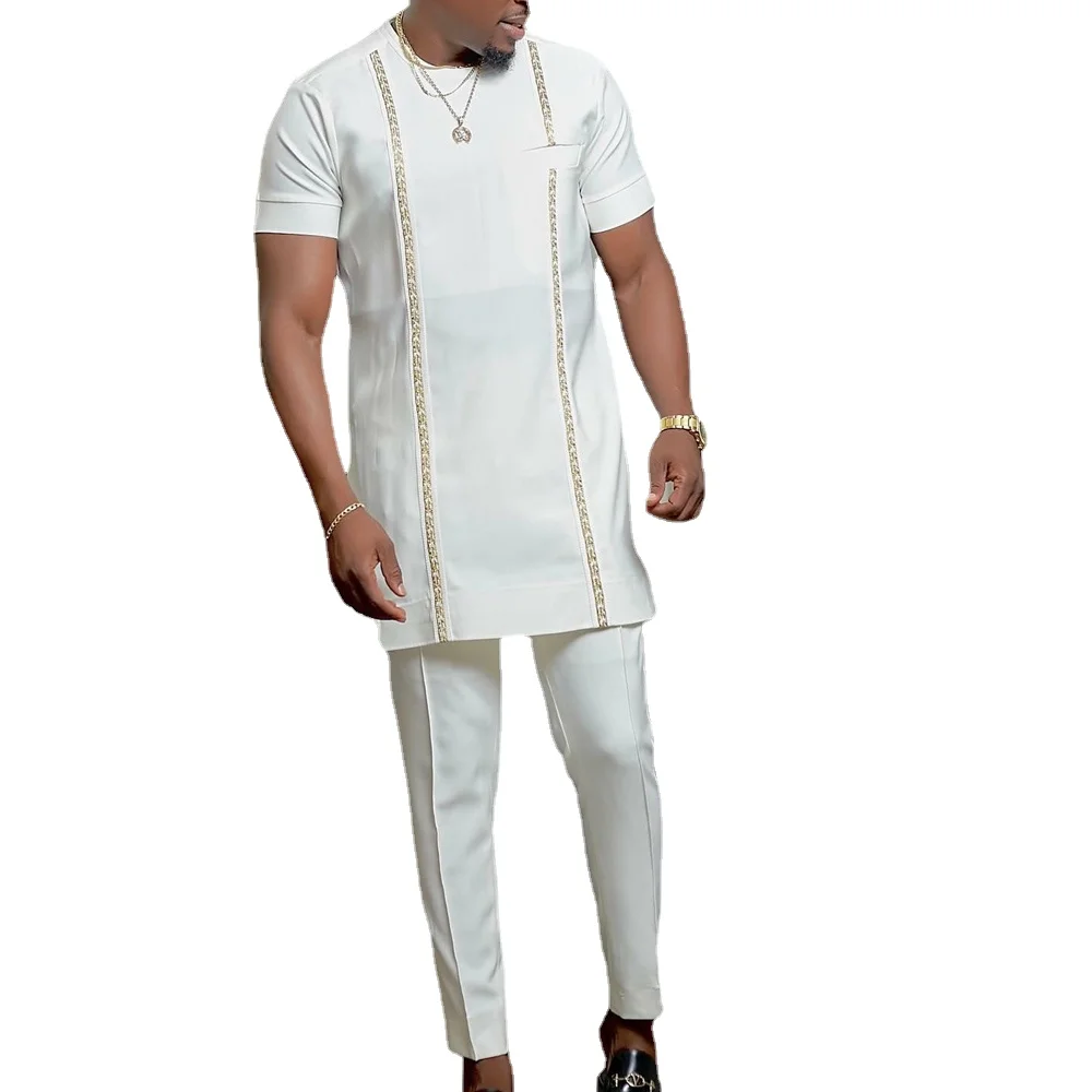 2023 Kaftan Men's Suit 2pcs Set White Ribbon Round Neck Short Sleeve Top Trousers African Ethnic Traditional Male Dress Wedding