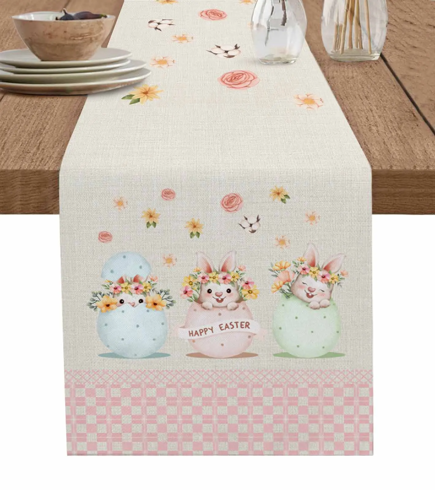 

Rabbit Watercolor Easter Flower Pink Table Runner Party Dining Table Cover Cloth Placemat Napkin Home Kitchen Decor