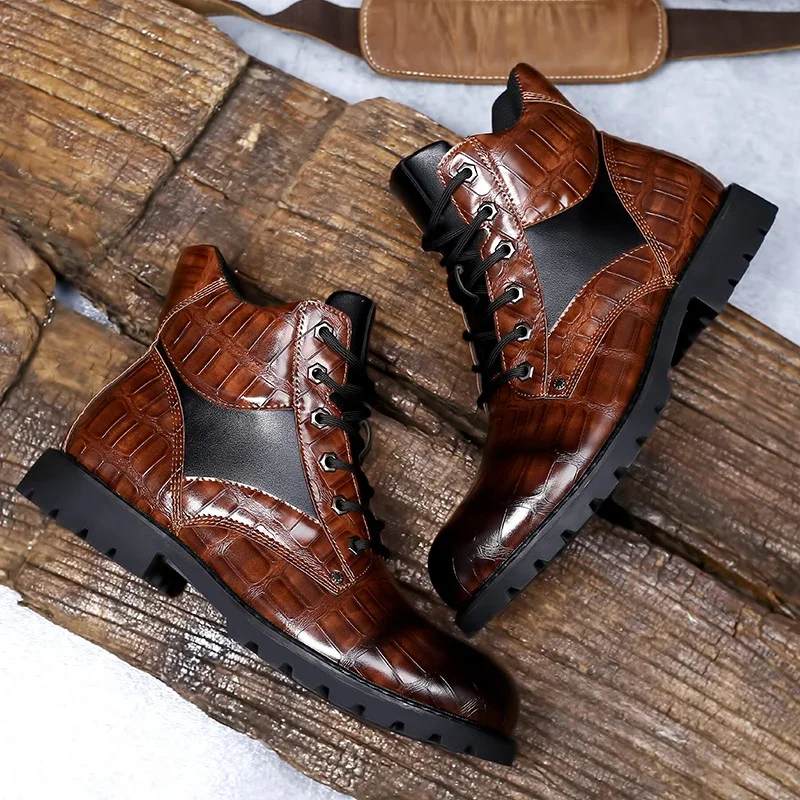 2023 Men Boots Autumn Spring Leather Round Toe Grid Pattern Square Heel Males Shoes Exquisite Fashion Leisure Design Men Boots