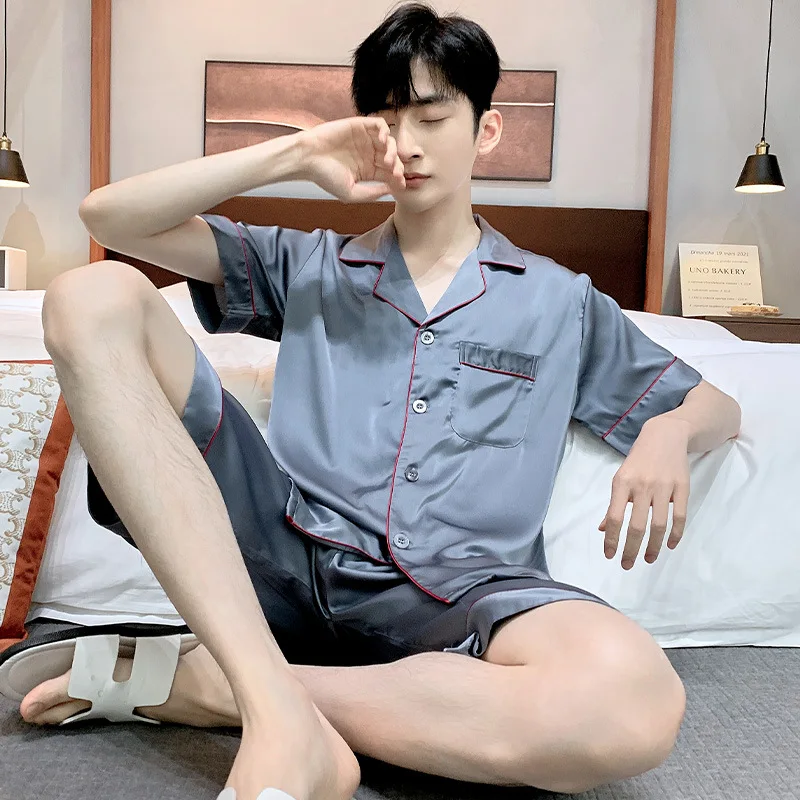 Men's Summer Thin Ice Silk Pajamas Lapel Short Sleeve Shorts Casual Home Clothing Set Comfortable Breathable Sleepwear