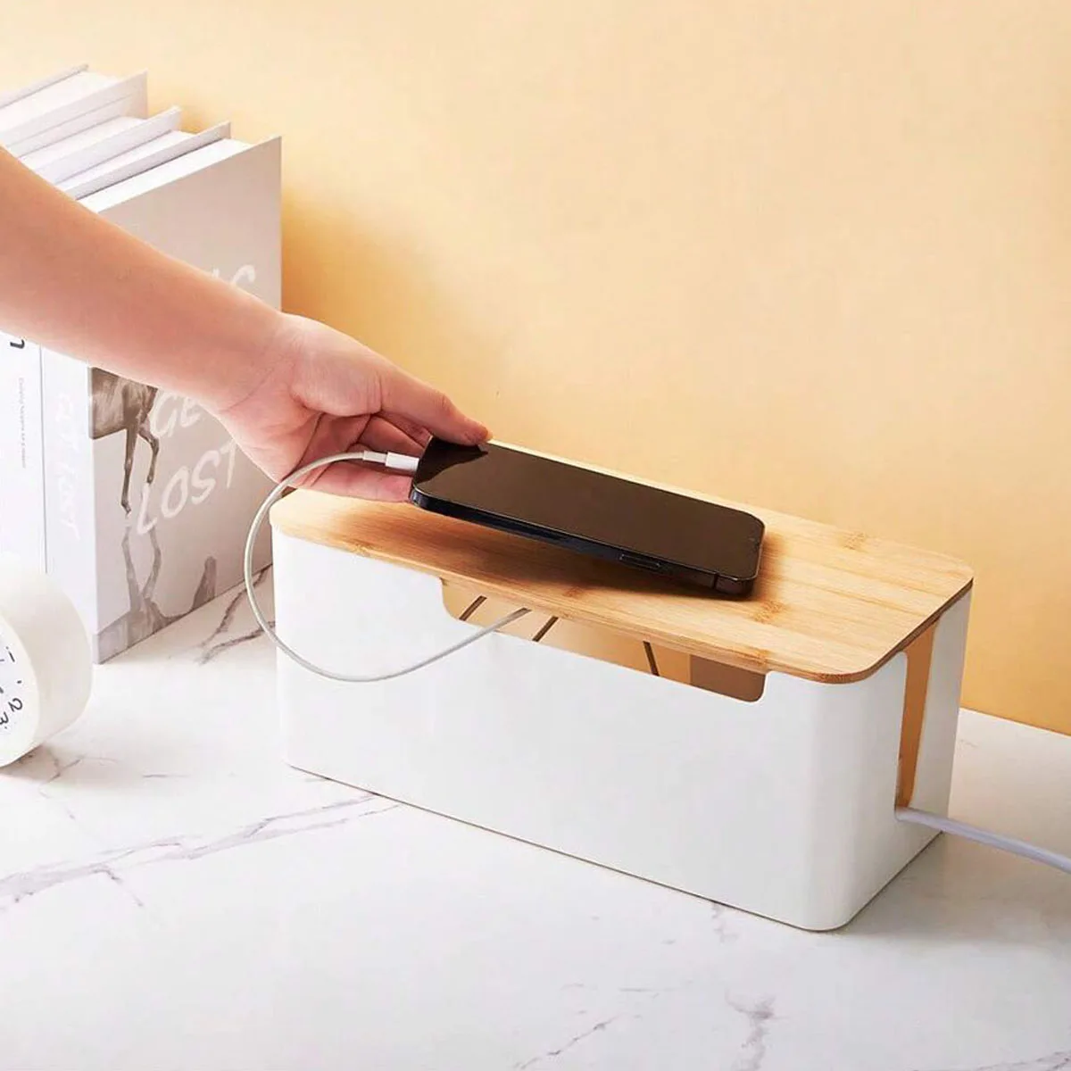 Cable Management Box with Bamboo Lid for Extension Cord Power Stripe Surge Protector Wire Concealer Organizer Cover Hider 5