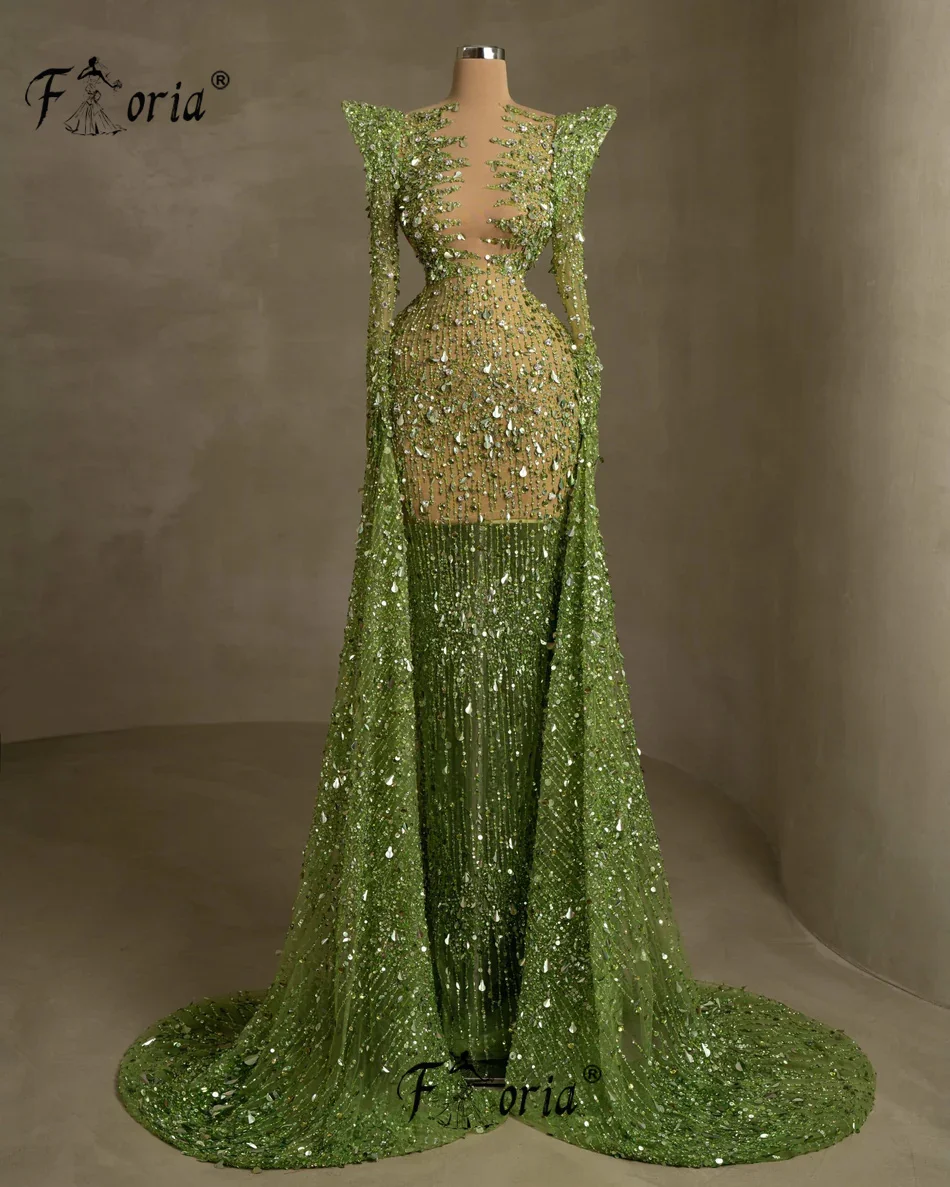 

Gorgeous Dubai Beaded Mermaid Evening Dresses Green Crystals Tassel Overskirt Arabic Party Gowns Formal Dress Robe De Soiree