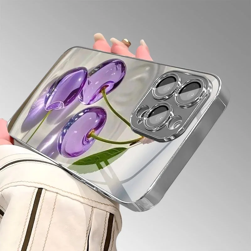 Purple Crystal Cherry Pattern Electroplated Glass Phone Case