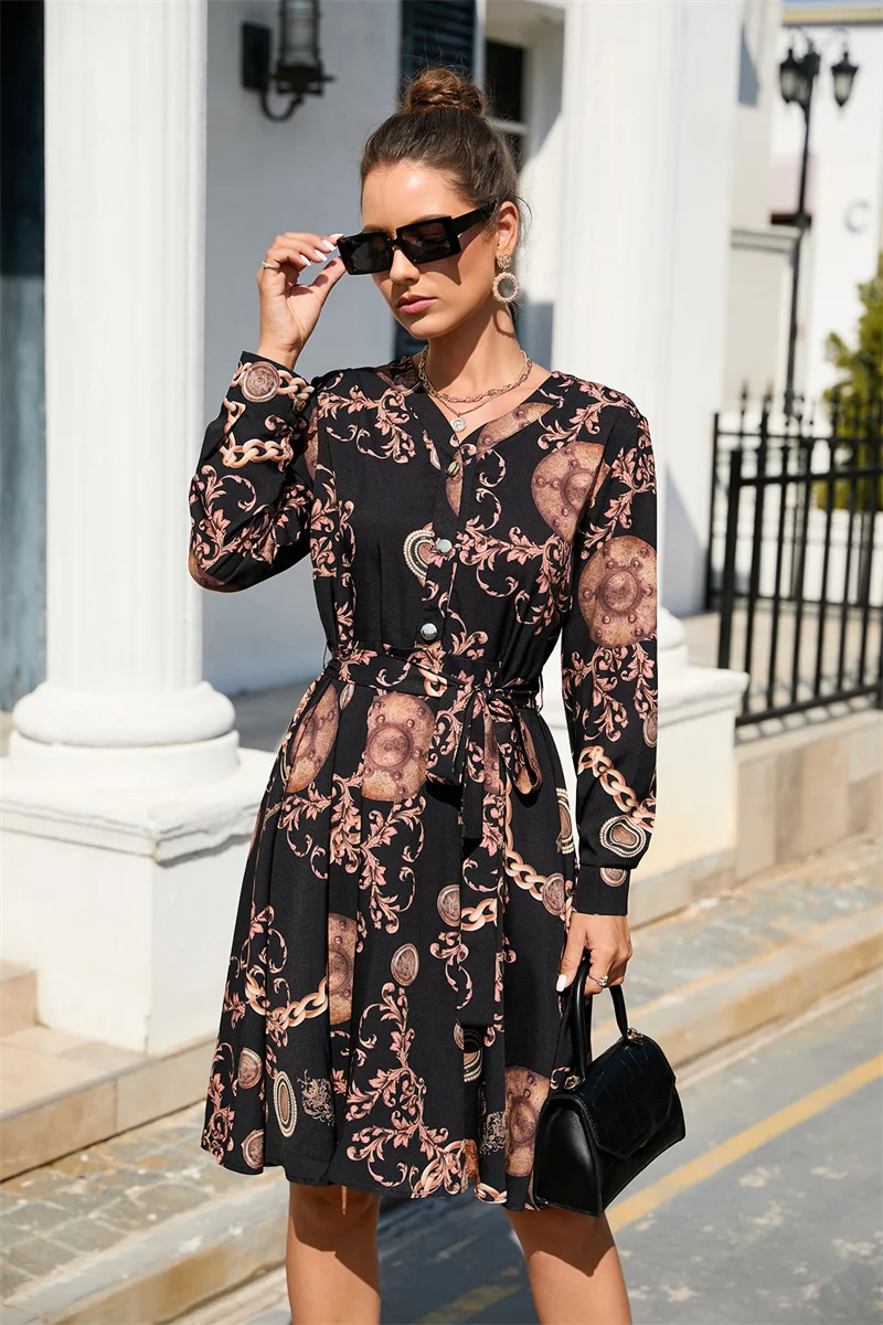 

Fashion Print Long Sleeves Dresses Ladies Spring Summer V Neck Button Splicing Mid-waist Lace-up Big Hem Dressy Women's Clothing