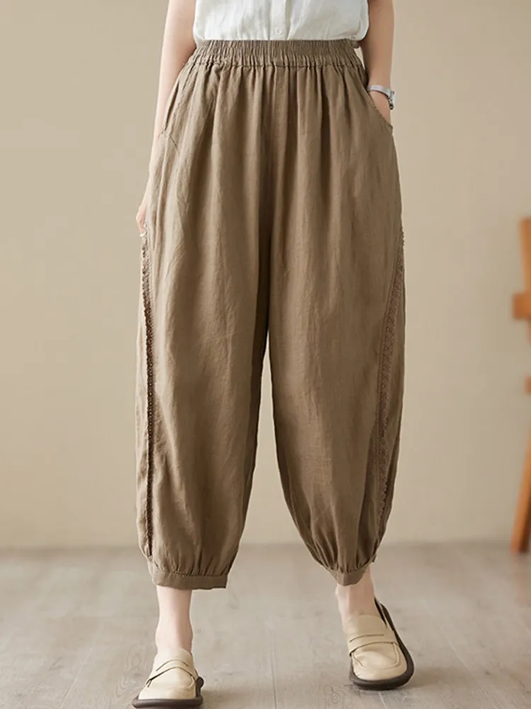 

Women Casual Harem Pants New Arrival 2023 Summer Vintage Lace Solid Color Loose Female Cotton Linen Ankle-length Pants B2830