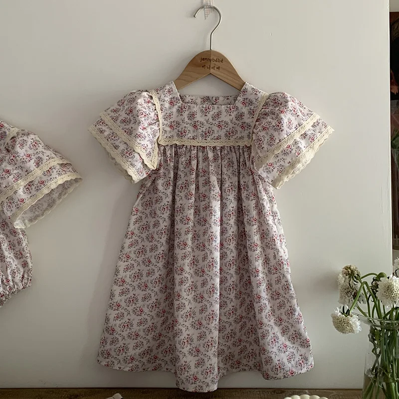 Family Matching Sister Outfit Kids Summer New Baby Girls Clothes Girl Dress Short Sleeve Floral Lace Baby Romper Princess Dress 4