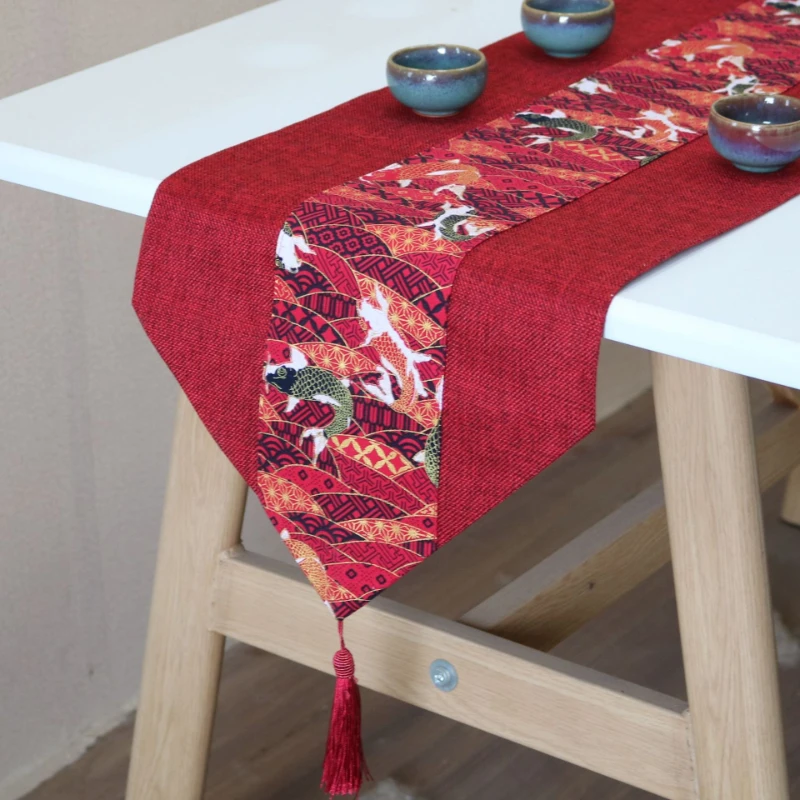 

Chinese Style Table Runner Classical Red Embroidery Koi Fish Printing Table Flag Decoration for Wedding Party with Tassels Cloth