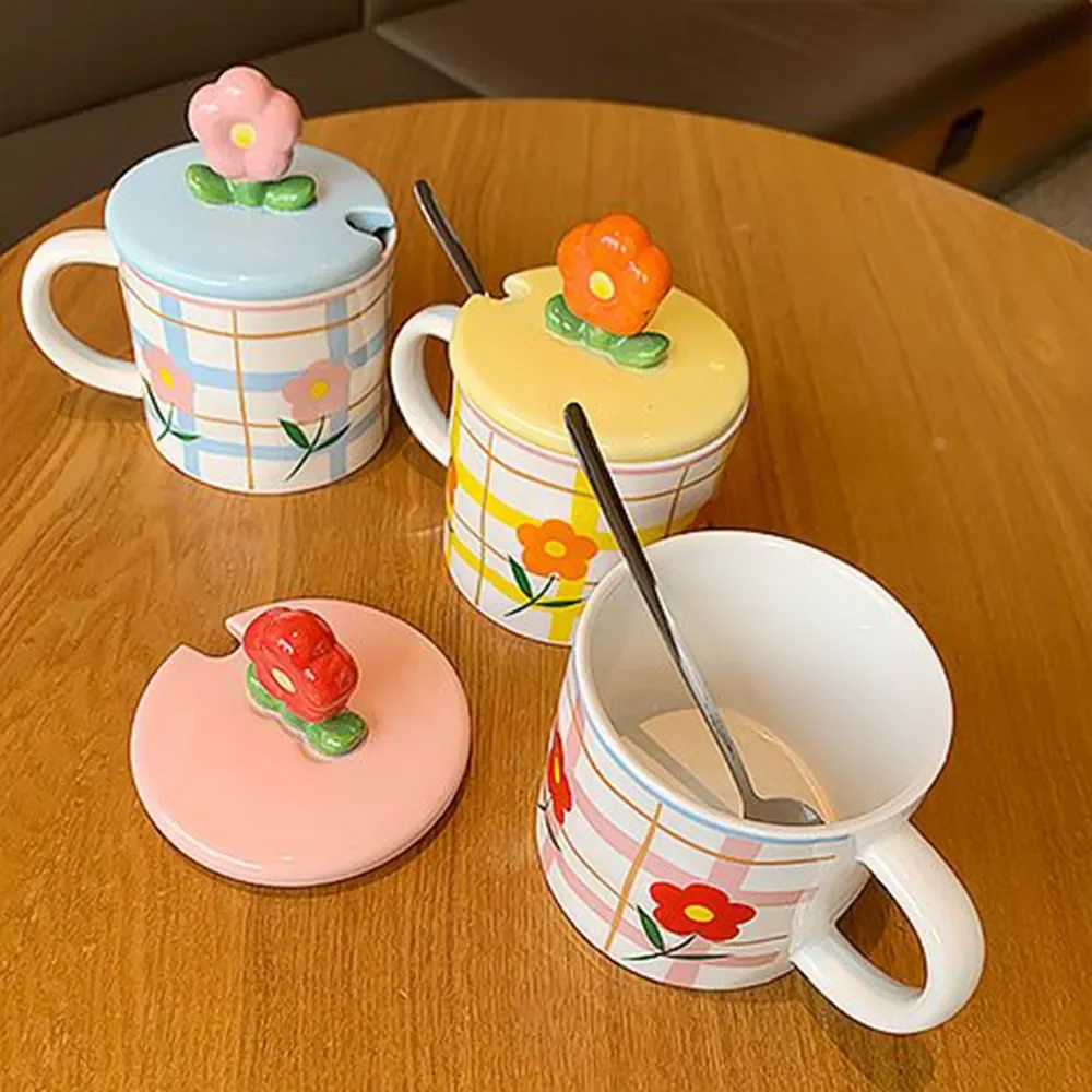 Kawaii Therapy Flower Pastel Grid Ceramic Cup (350ml)