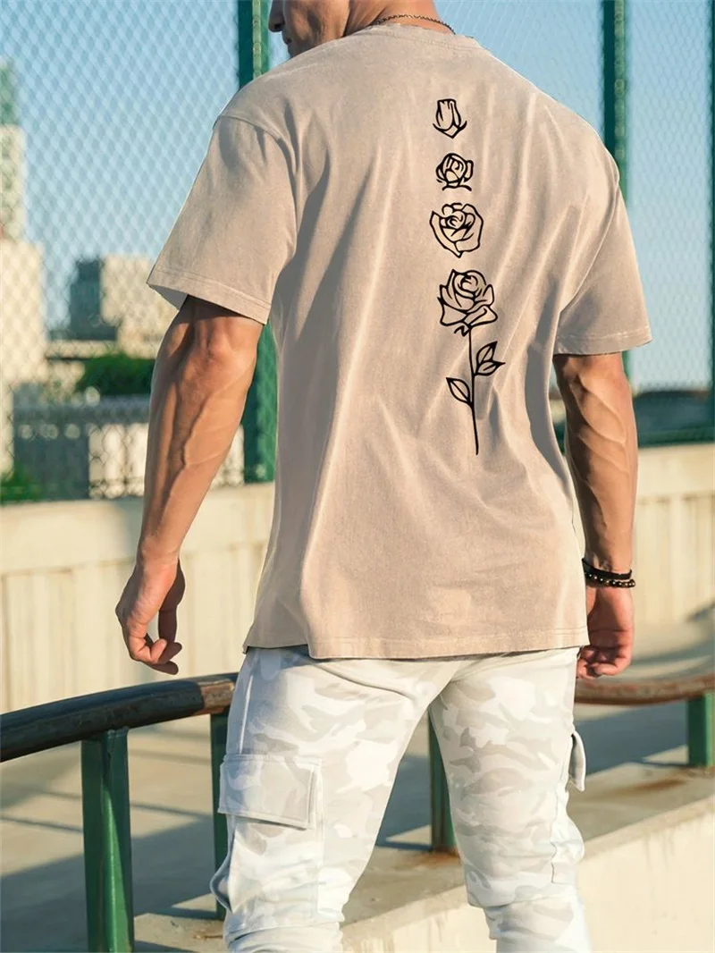 Men's Summer Loose Fit  100 Cotton Rose pattern Print T-shirt Tops