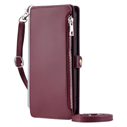 Enhanced Leather Crossbody Zipper Wallet Case with 8 Card Slots and Lanyard for Edge 70 Fusion (Wine Red Long Stap)