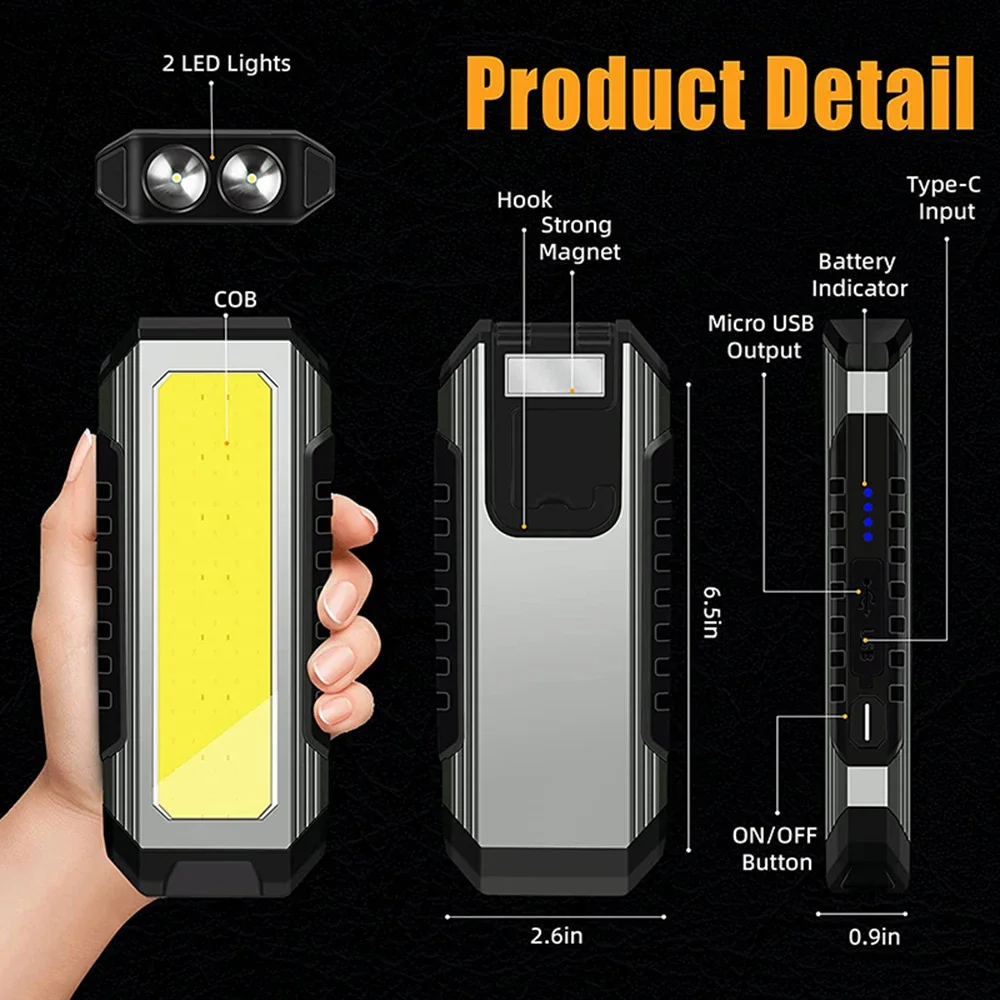 Description Picture 4 of itemCOB Work Light USB Rechargeable LED Flashlight Power Bank 18650 4000mAh Portable Camping Lamp with Magnet Waterproof Lantern
