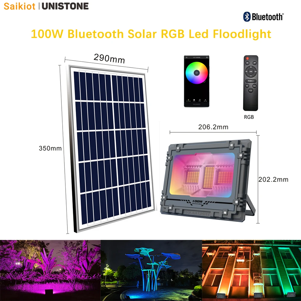 Saikiot 100W Solar Rgb Led Spotlight Proiettore Luce Esterna Ip67 Impermeabile Bluetooth Telecomando Lampada Solare A Led Rgb