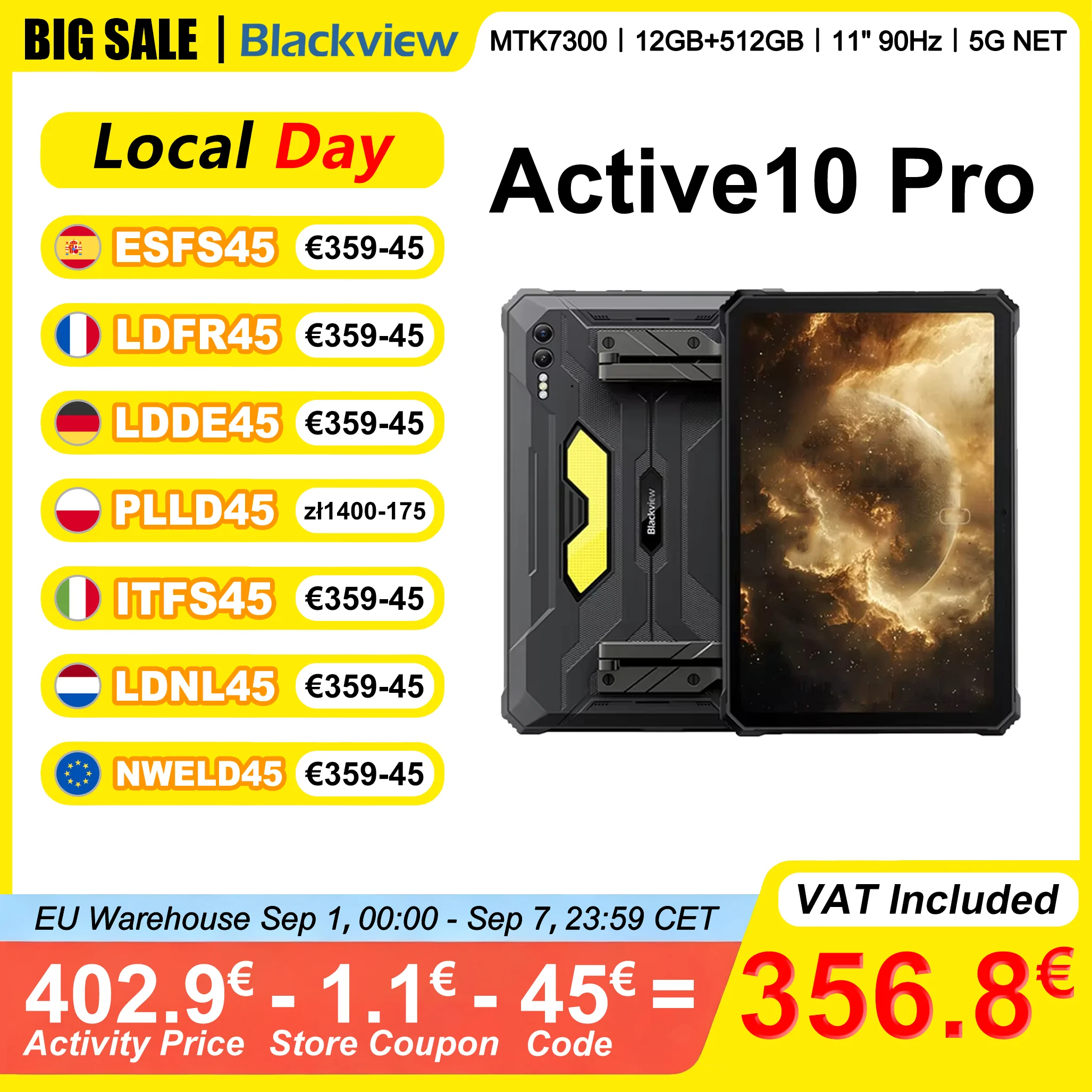 Tablettes robustes Blackview Active 10 Pro 11 pouces 90Hz FHD Réseau 5G MTK 7300 12 Go de RAM 512 Go de ROM Batterie 30000 mAh Caméra 108 MP 1