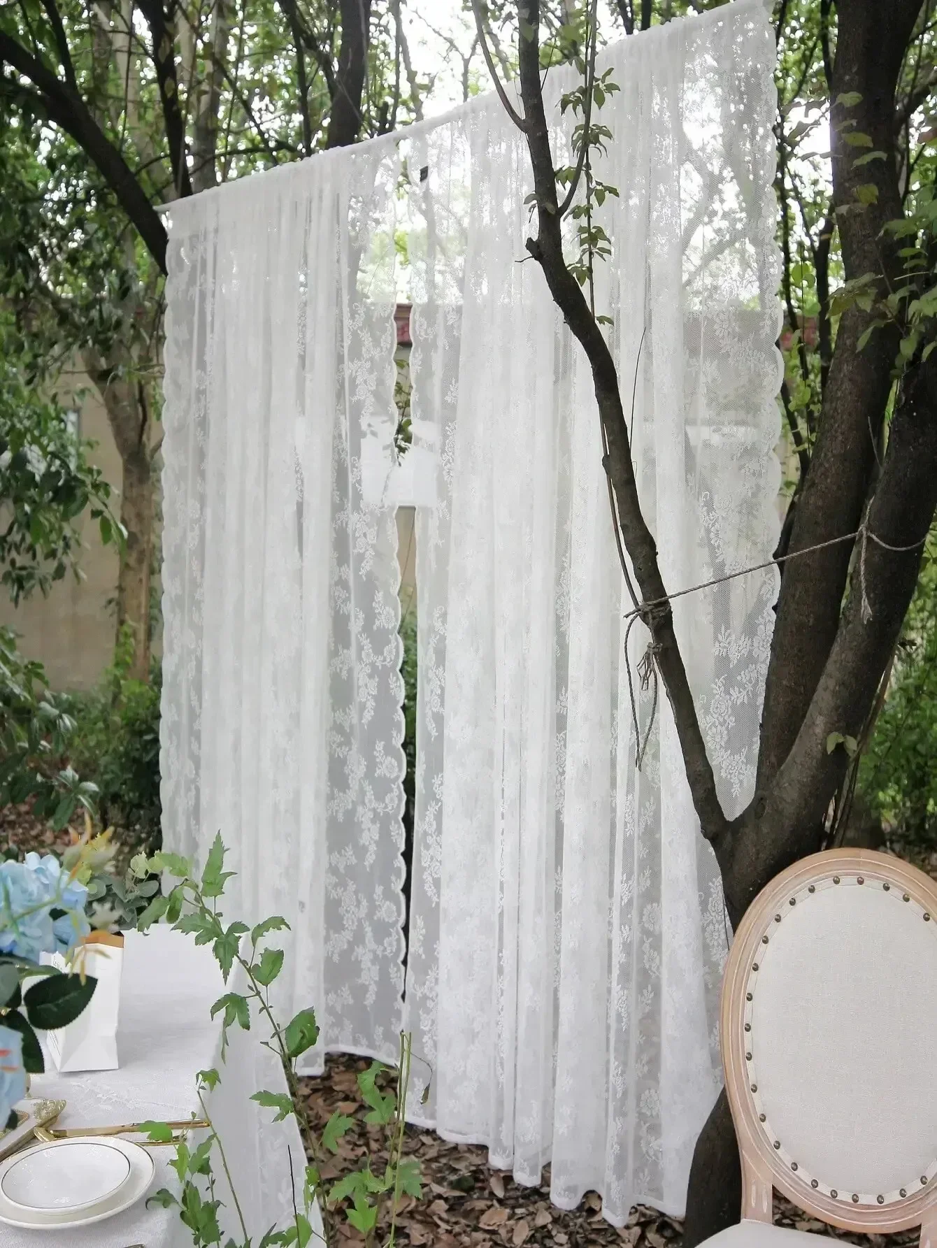 Curtains Suitable for Filtering Light in Living Room Windows, One Piece Set White French Lace Semi Transparent Rod 5