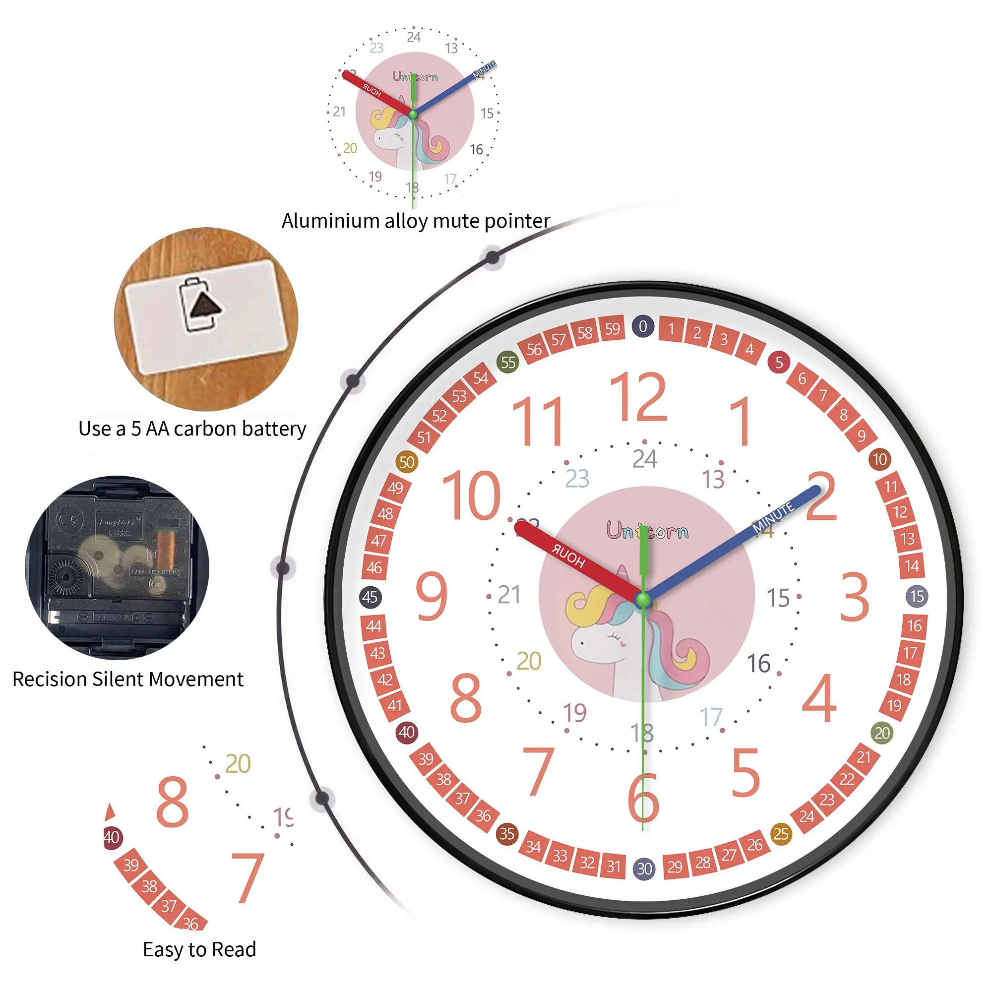 1pc 8-inch wall clock, cartoon pink unicorn and 24-hour color digital design wall clock, silent instructional c