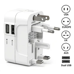 Universal Travel Power Adapter - All - in - One AC Charger & Outlet Converter - Dual USB (WHITE)