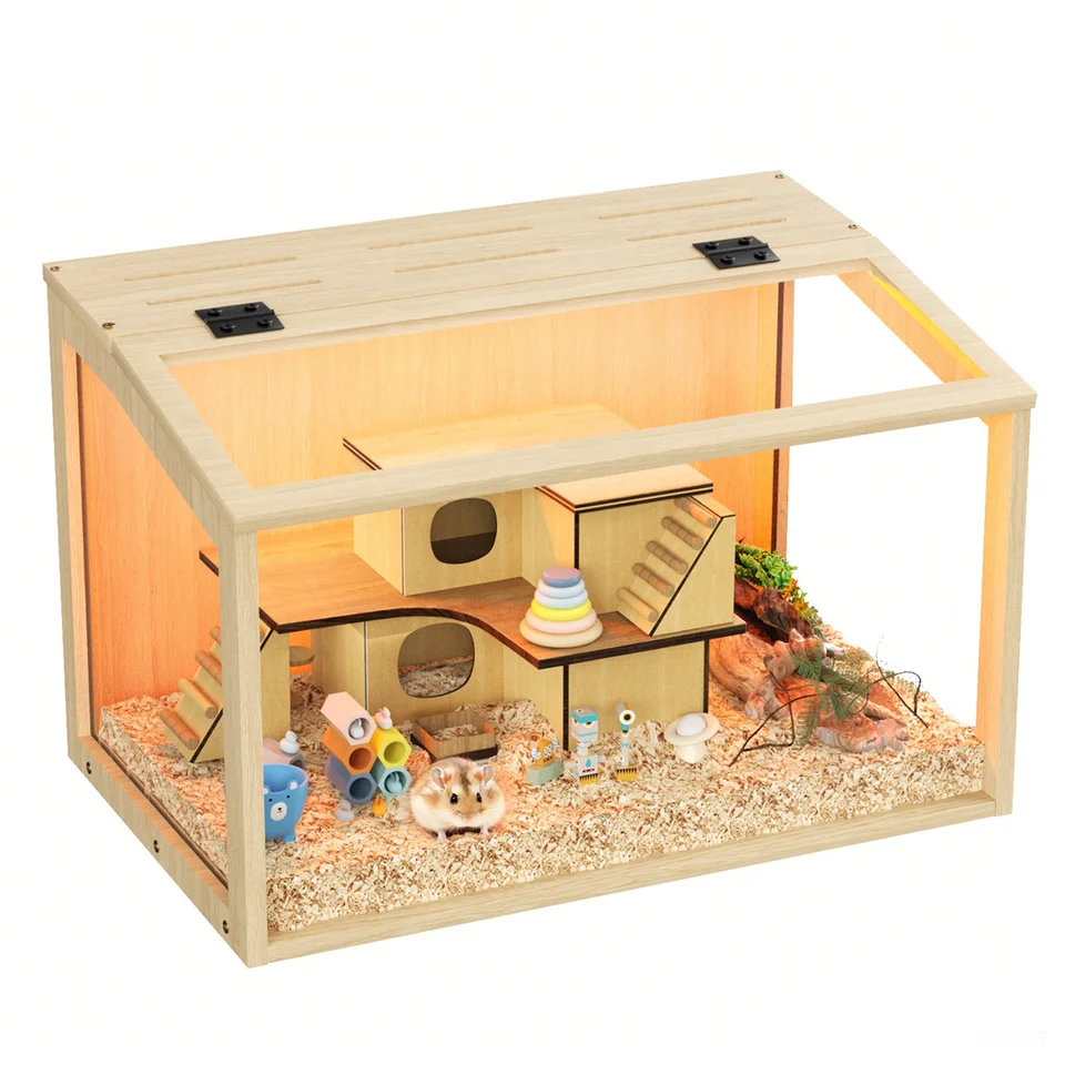 Natural Wooden Hamster Cage with Glass Panels