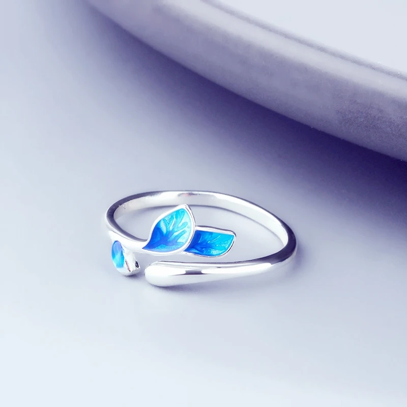 Silver Rings Female Resizable Opening Leaves Branches Enamel