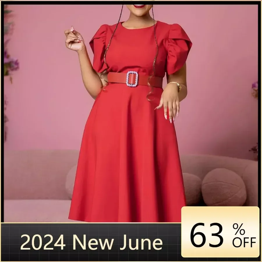 Summer Fashion Belt Bubble Sleeve Dress African Women Elegant OL Solid Round Neck Short Sleeve A-line Dress Women