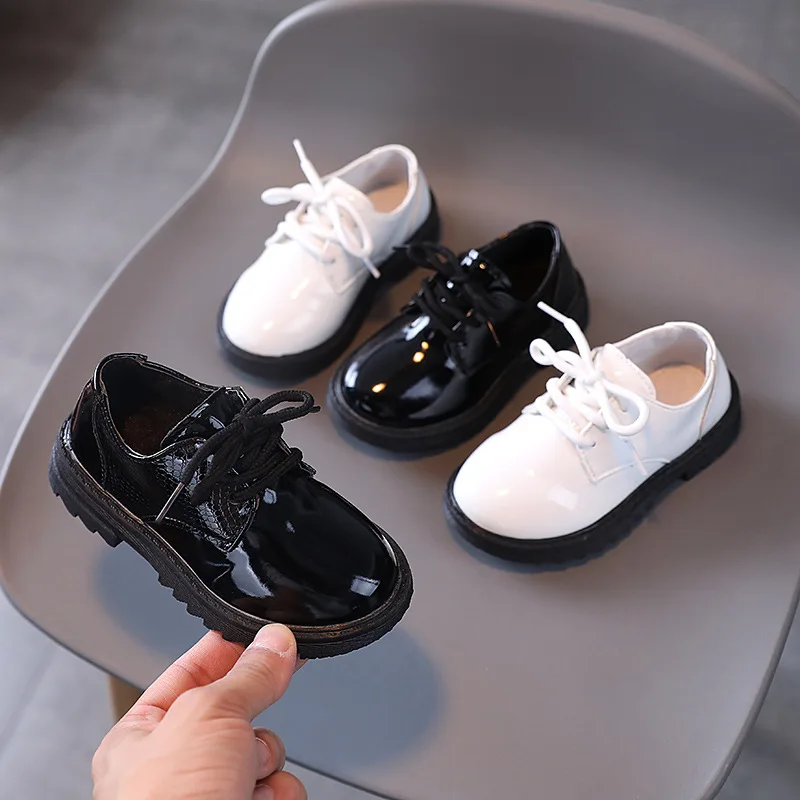 Black PU Leather Kids Casual Lace Up Shoes