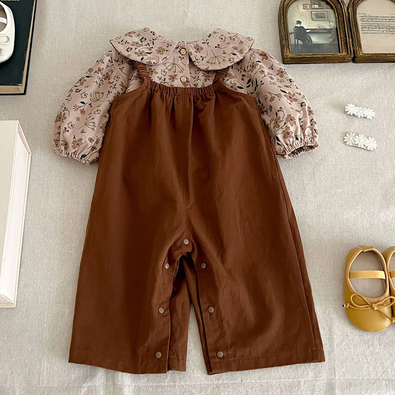 Infant Kids Baby Girls Long Sleeve Printing Shirt + Strap Pants Clothing Sets Autumn New Baby Girls Children's Clothes Suit