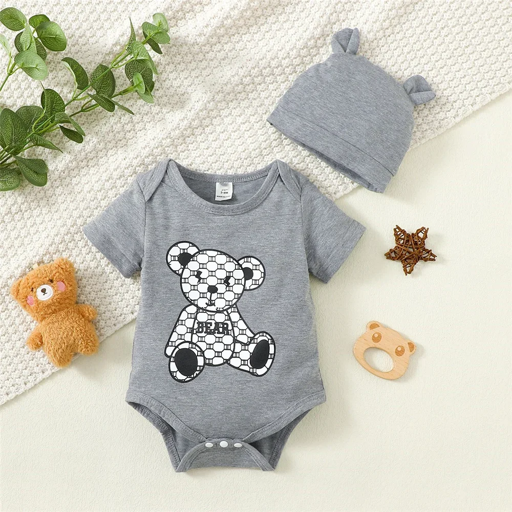 2PCS Newborn Baby Boy Romper Little Bear Print Summer Short Sleeve Bodysuit Leisure Time Jumpsuit+Hat for Infant Boy 0-9 Months 5