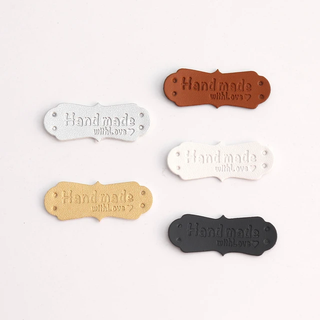 20pcs Handmade Labels Clothing Hand Made Embossed Tag PU Leather Tags  Labels with Holes,Handmade Tag DIY Hats Bags Sewing Tags(08)