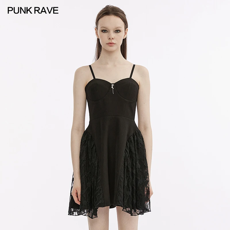 

PUNK RAVE Women's Slip Dress Splicing Gauze Party Club Sexy Girl Brushed Lace Small Black Metal Rose Decoration Summer