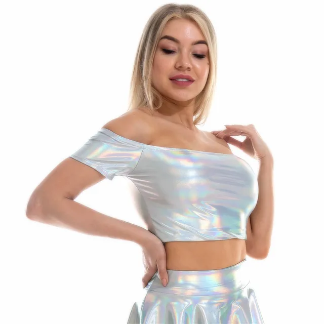 Shiny Laser Metallic Crop Tops and Pleated Mini Skirt 32