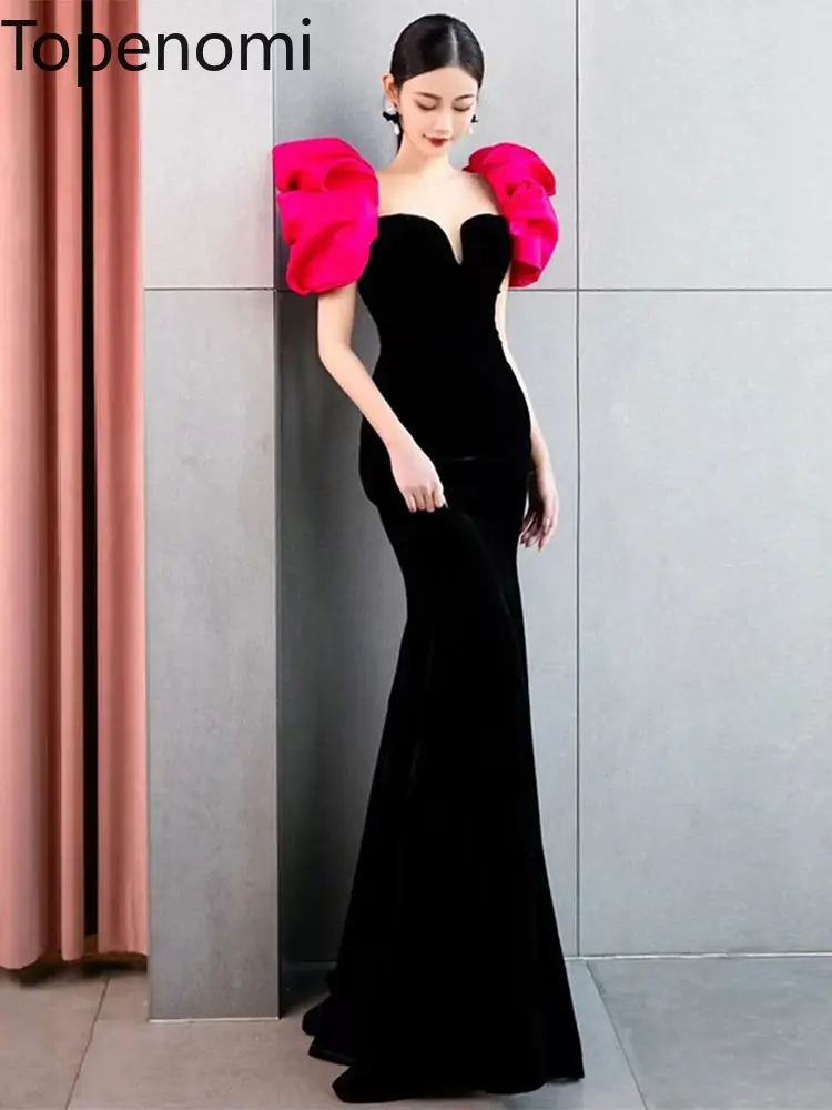 

Topenomi Quinceanera Dresses Women 2024 New Elegant Contrast Color Puff Sleeve Waist Slim Mermaid Long Dress Formal Evening Gown