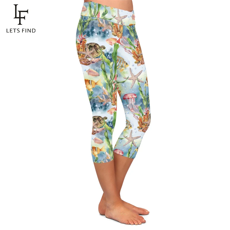 LETSFIND Summer 3D Sea Animals Printing Women Fitness Capri Leggings Fashion High Waist  Mid-Calf Leggings