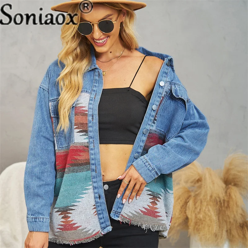 2022 Autumn Fashion Women's Denim Jackets Loose Women Geometric Patterns Jacket Cotton Outwear Coat Long Sleeve Female Clothing