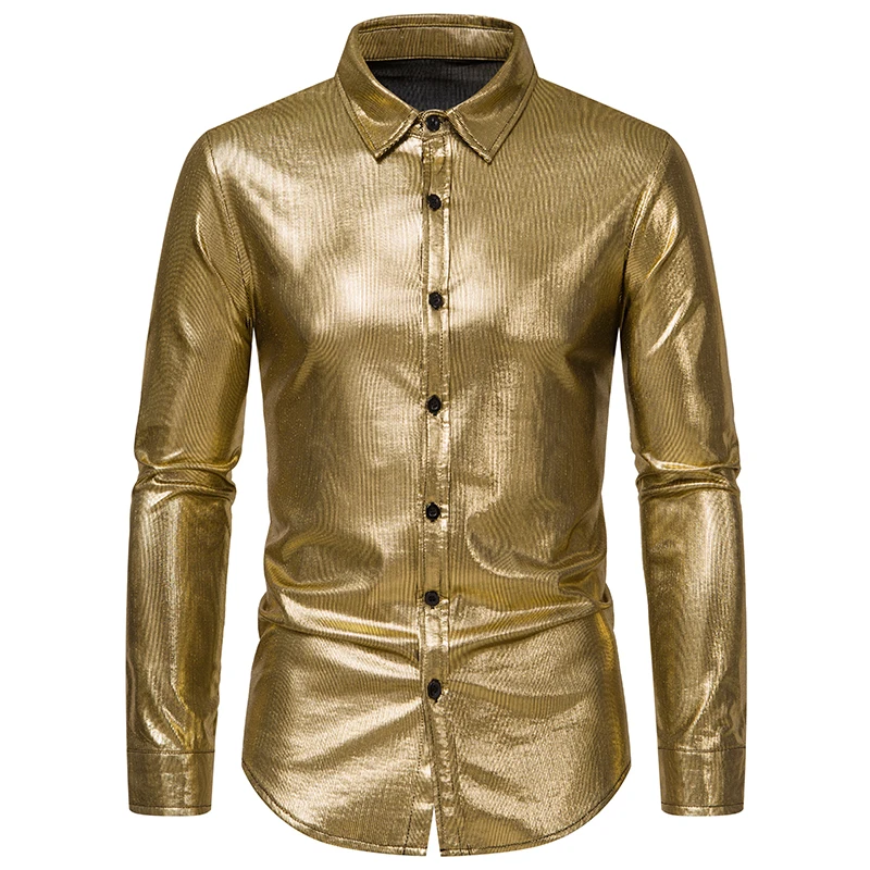 

Men's Disco Shiny Gold Sequin Metallic Design Dress Shirt Long Sleeve Button Down Christmas Halloween Bday Party Stage Costume